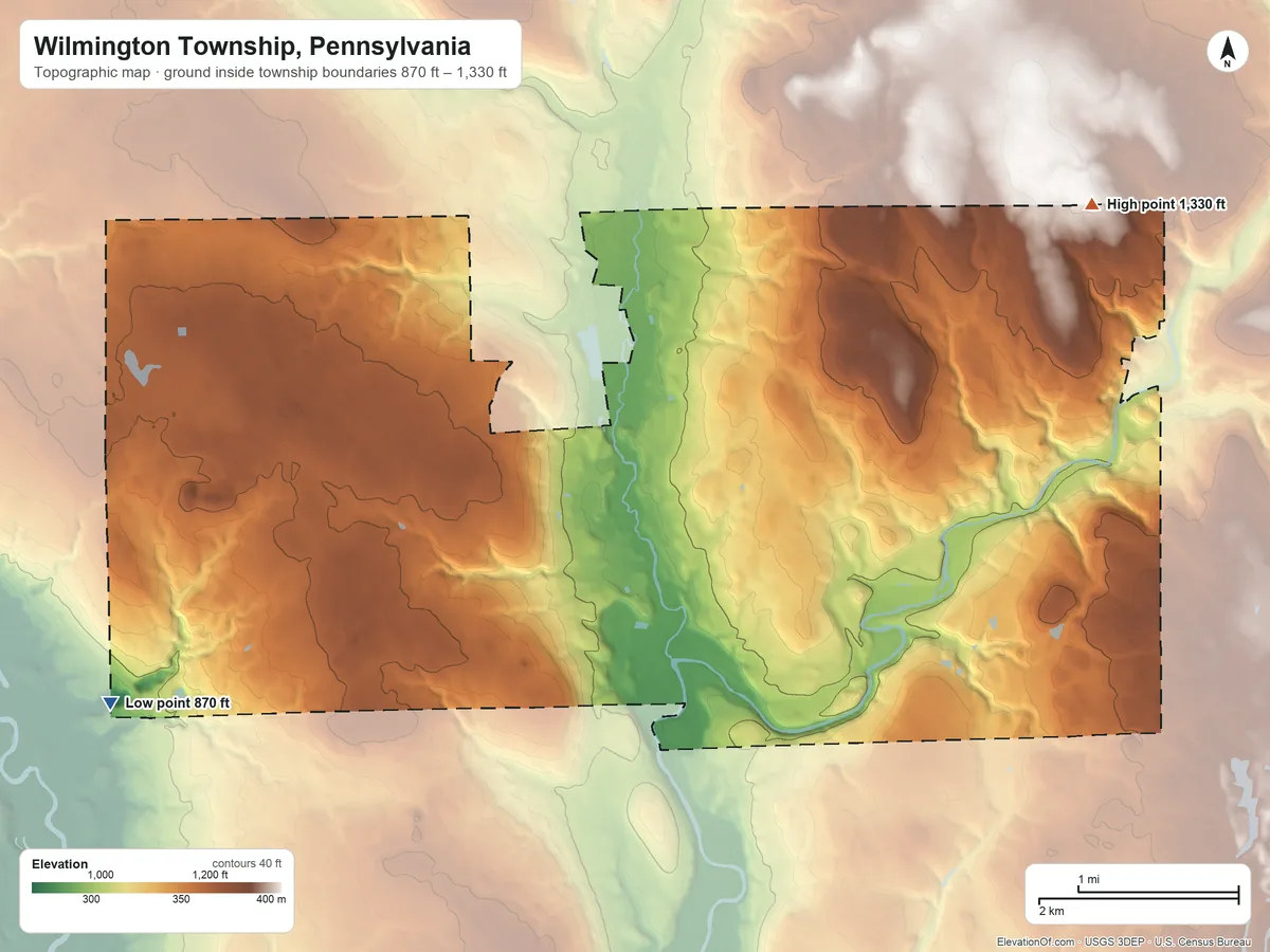 Topographic elevation map of Wilmington Township, Pennsylvania, shaded from 870 ft on the west side to 1,330 ft on the northeast side