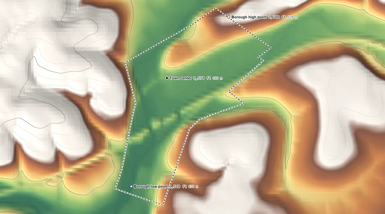 Topographic elevation map of Wilmore, Pennsylvania, shaded from 1,540 ft on the south side to 1,700 ft on the northeast side
