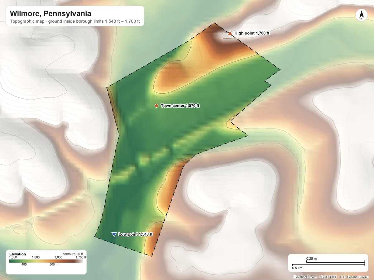 Topographic elevation map of Wilmore, Pennsylvania, shaded from 1,540 ft on the south side to 1,700 ft on the northeast side