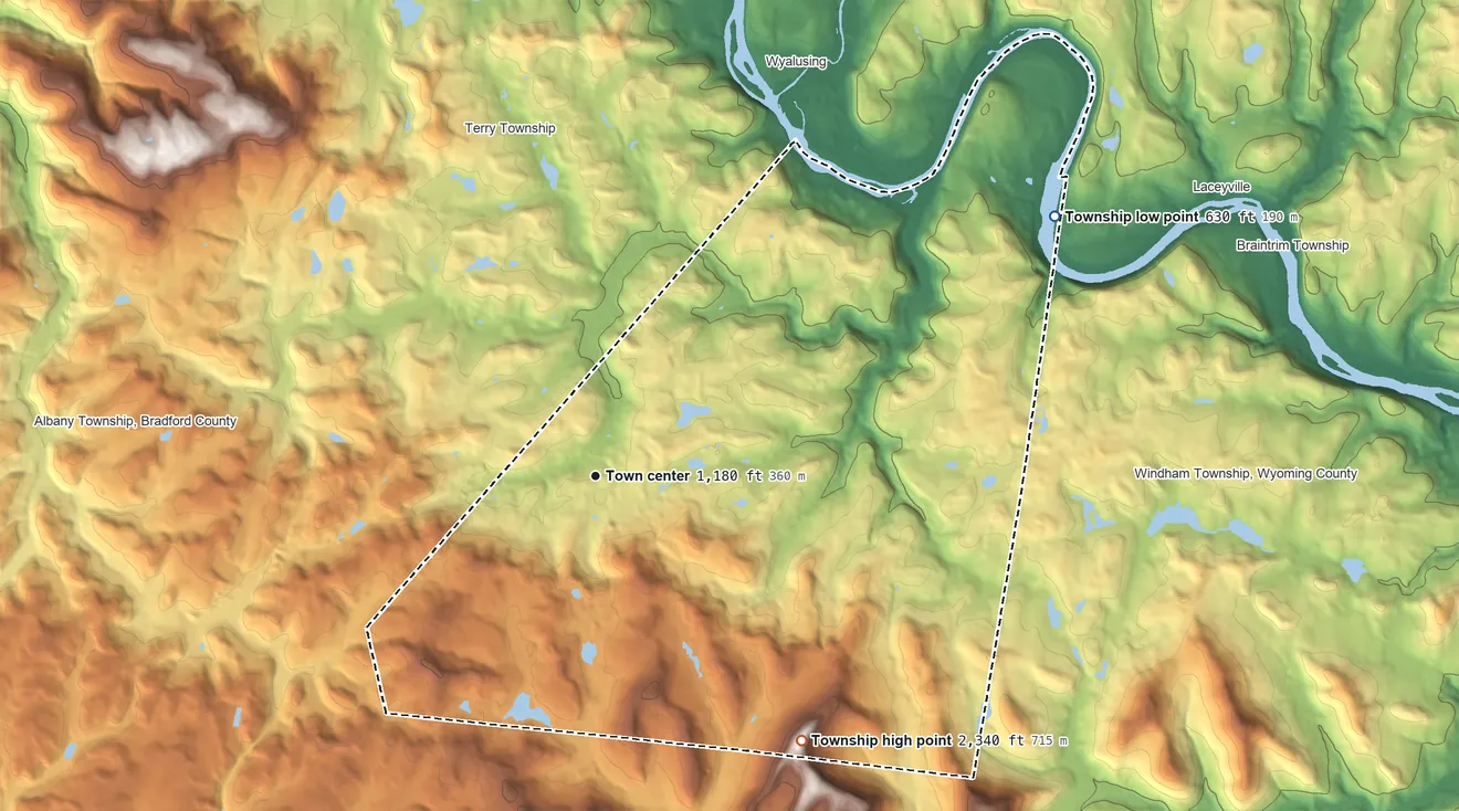 Topographic elevation map of Wilmot Township, Pennsylvania, shaded from 630 ft on the northeast side to 2,340 ft on Tyler Mountain
