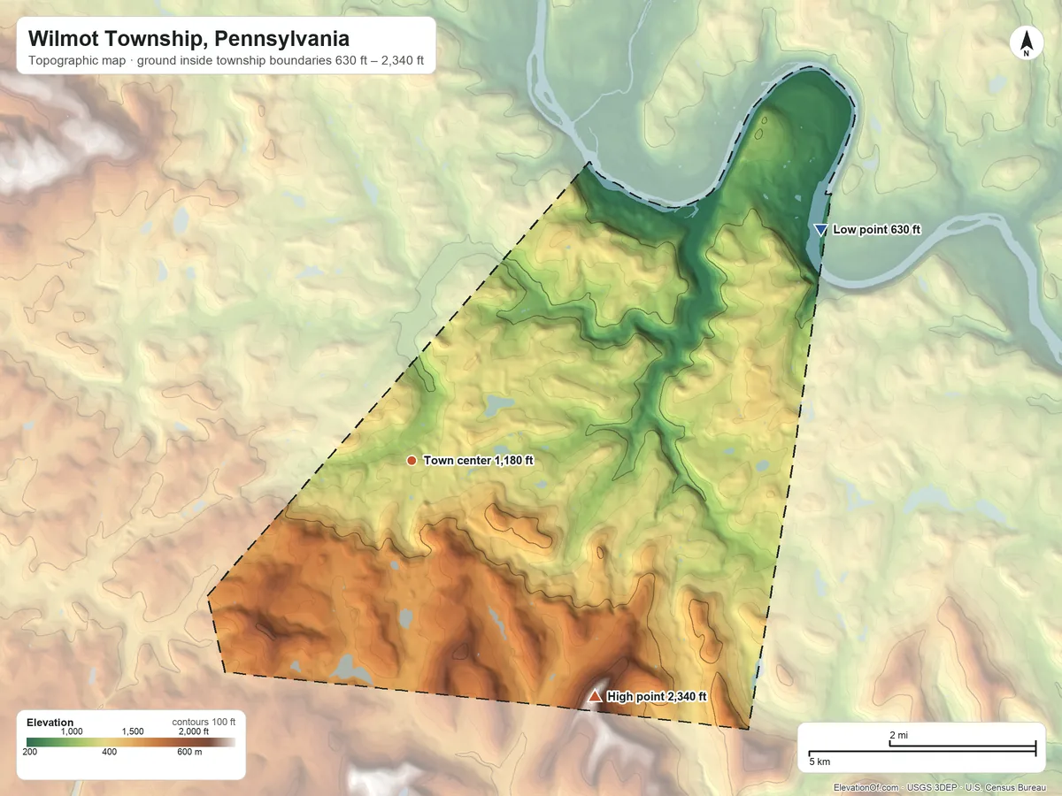 Topographic elevation map of Wilmot Township, Pennsylvania, shaded from 630 ft on the northeast side to 2,340 ft on Tyler Mountain