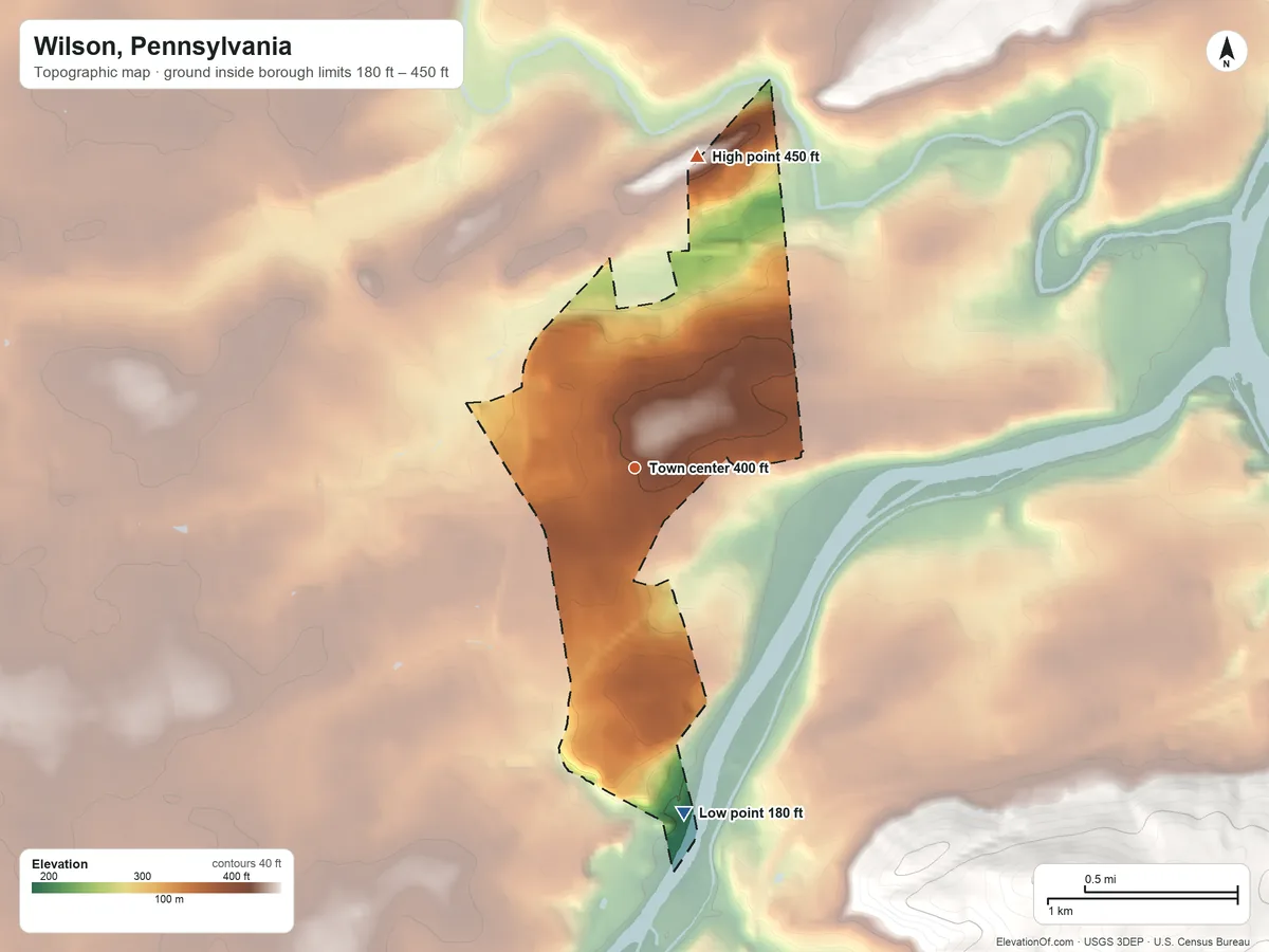 Topographic elevation map of Wilson, Pennsylvania, shaded from 180 ft on the south side to 450 ft on the north side