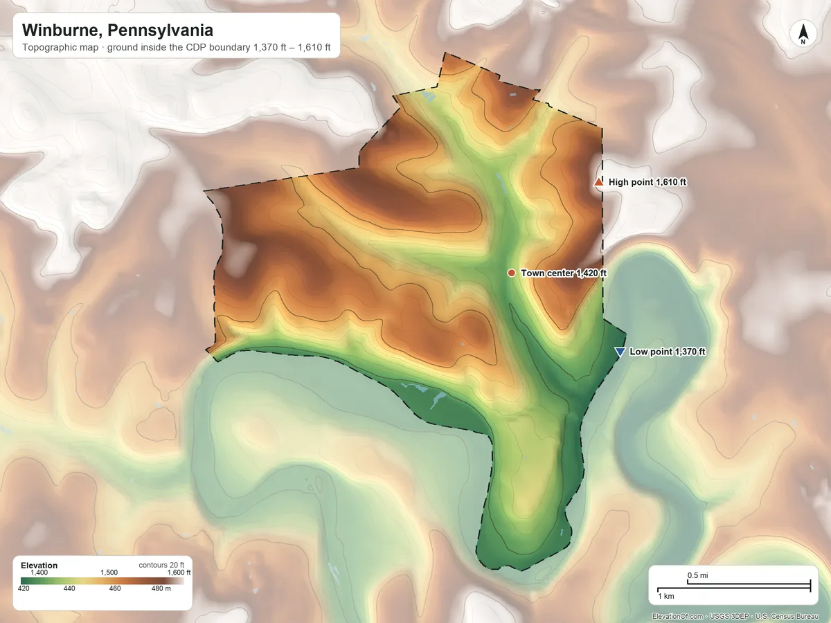 Topographic elevation map of Winburne, Pennsylvania, shaded from 1,370 ft on the southeast side to 1,610 ft on the northeast side