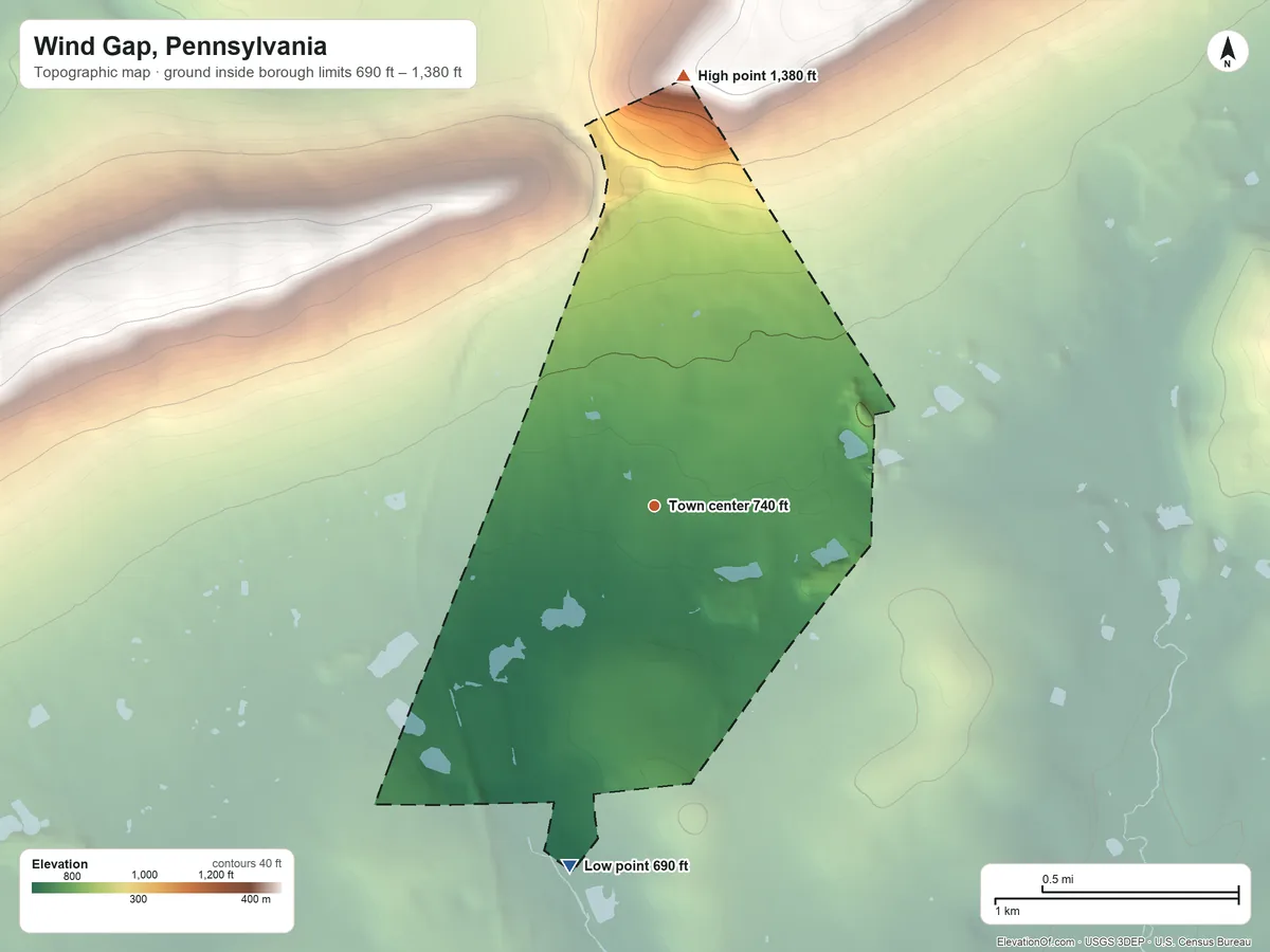 Topographic elevation map of Wind Gap, Pennsylvania, shaded from 690 ft on the south side to 1,380 ft on the north side