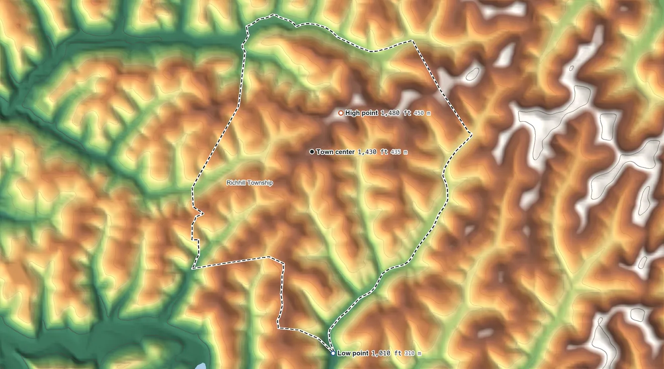 Topographic elevation map of Wind Ridge, Pennsylvania, shaded from 1,010 ft on the south side to 1,480 ft on the northeast side