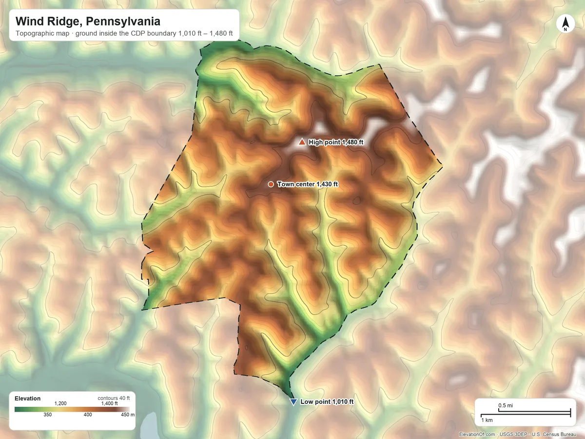 Topographic elevation map of Wind Ridge, Pennsylvania, shaded from 1,010 ft on the south side to 1,480 ft on the northeast side