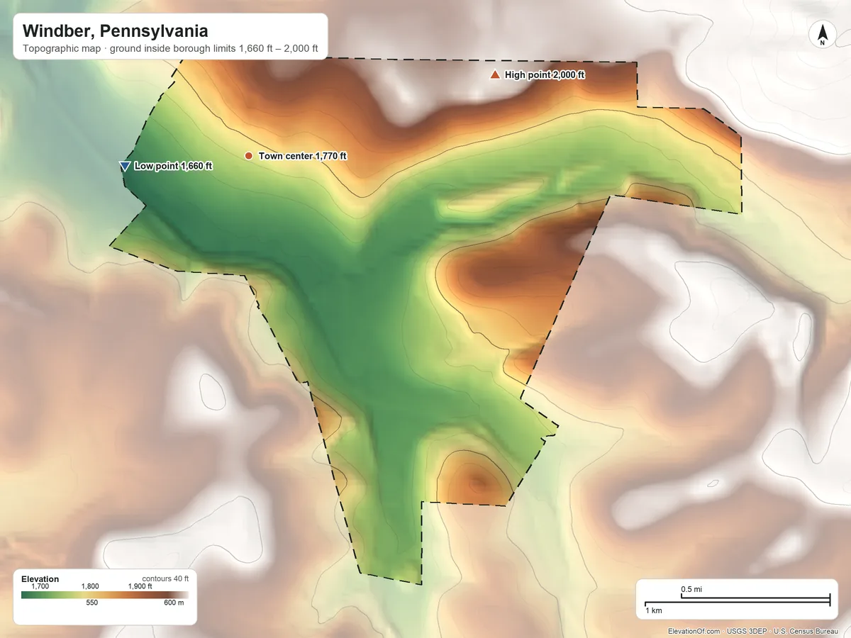 Topographic elevation map of Windber, Pennsylvania, shaded from 1,660 ft on the west side to 2,000 ft on the east side
