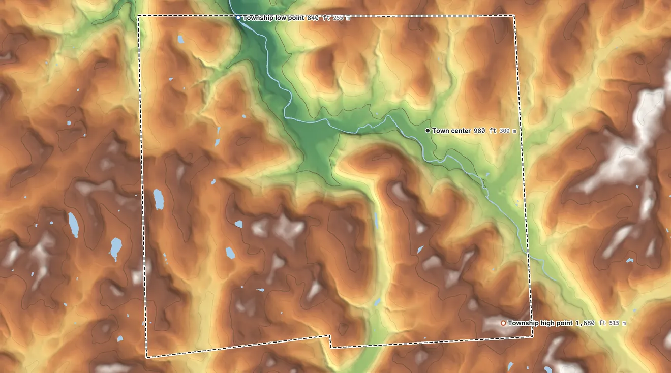 Topographic elevation map of Windham Township, Pennsylvania, shaded from 840 ft on the northwest side to 1,680 ft on the south side