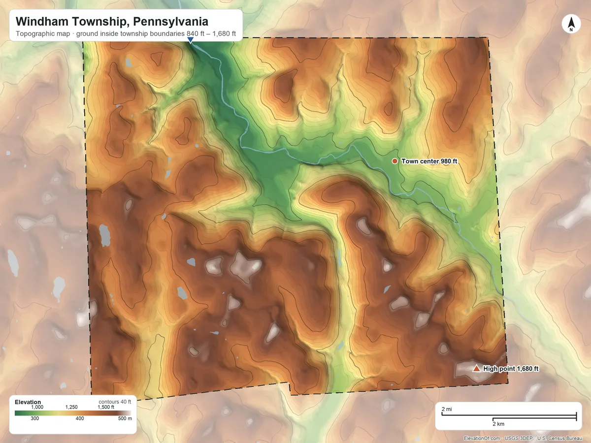 Topographic elevation map of Windham Township, Pennsylvania, shaded from 840 ft on the northwest side to 1,680 ft on the south side
