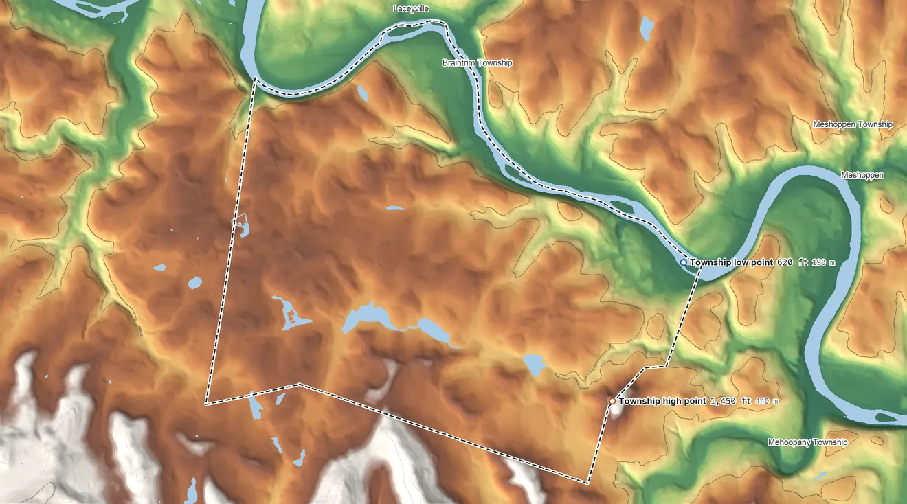 Topographic elevation map of Windham Township, Wyoming County, Pennsylvania, shaded from 620 ft on the east side to 1,450 ft on the southeast edge, below higher ground just outside