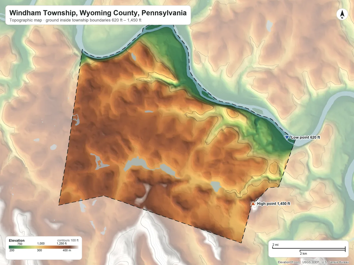 Topographic elevation map of Windham Township, Wyoming County, Pennsylvania, shaded from 620 ft on the east side to 1,450 ft on the southeast edge, below higher ground just outside