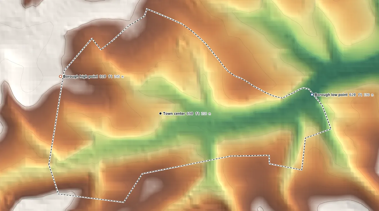 Topographic elevation map of Windsor, Pennsylvania, shaded from 620 ft on the east side to 810 ft on the west side
