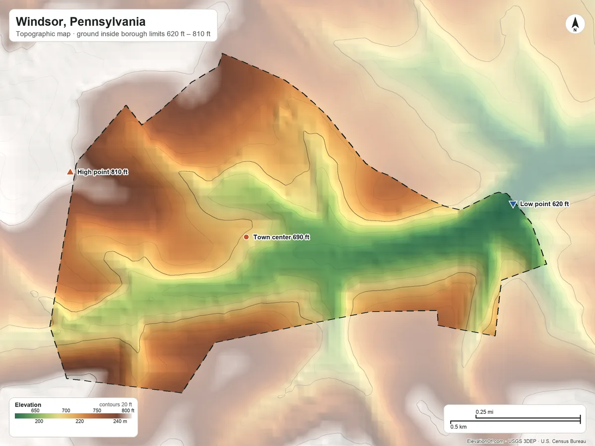 Topographic elevation map of Windsor, Pennsylvania, shaded from 620 ft on the east side to 810 ft on the west side