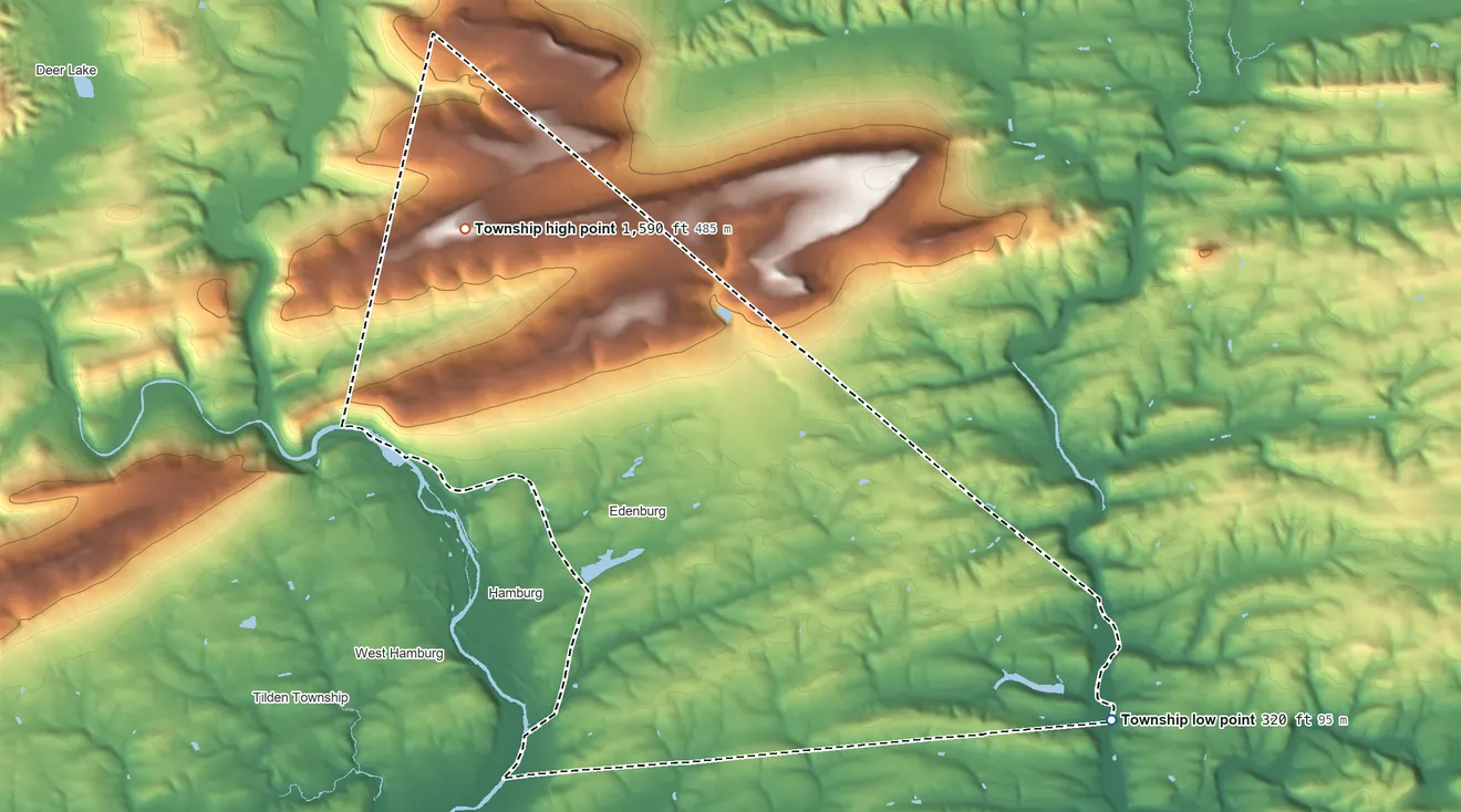 Topographic elevation map of Windsor Township, Berks County, Pennsylvania, shaded from 320 ft on the east side to 1,590 ft on the northwest side