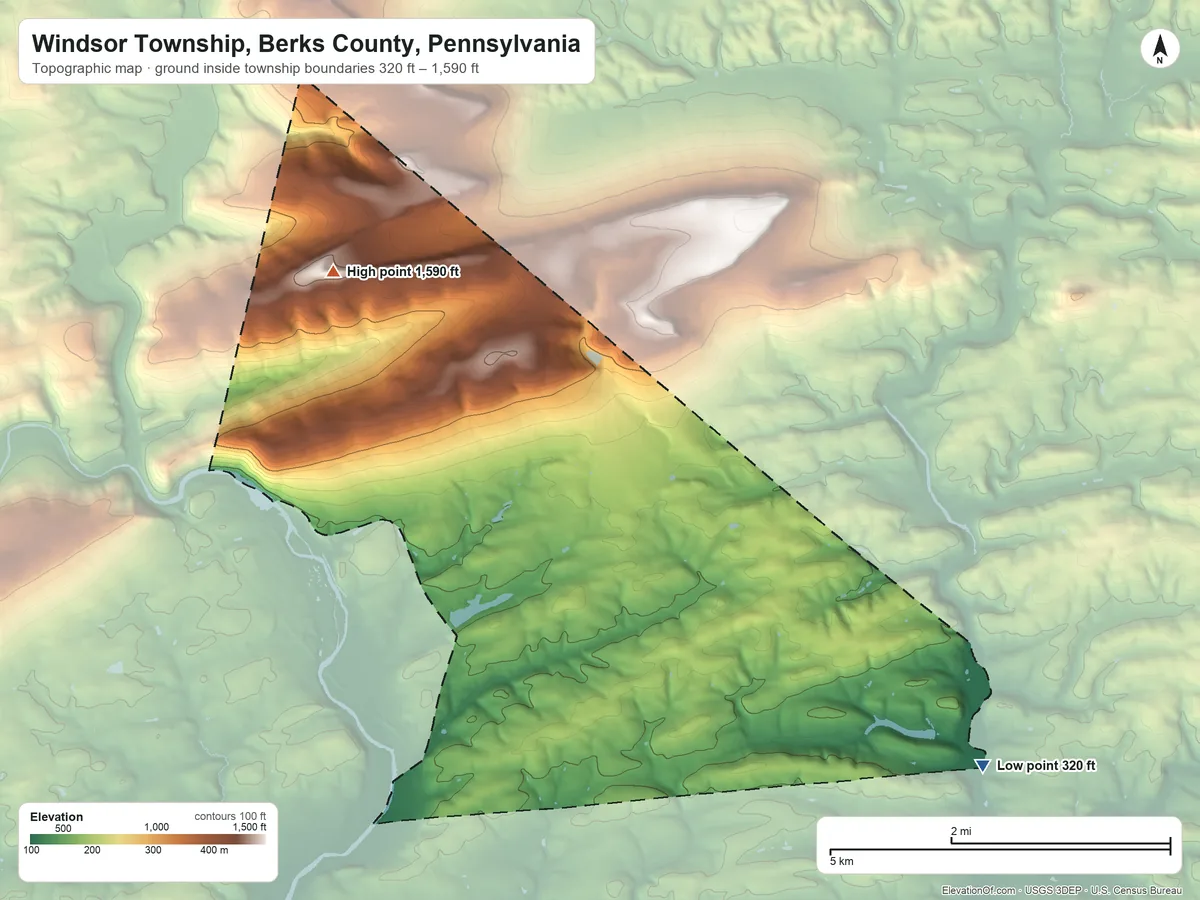 Topographic elevation map of Windsor Township, Berks County, Pennsylvania, shaded from 320 ft on the east side to 1,590 ft on the northwest side
