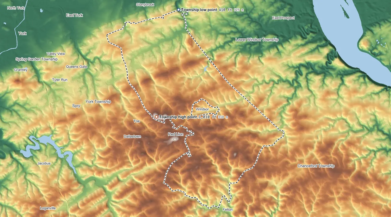 Topographic elevation map of Windsor Township, Pennsylvania, shaded from 410 ft on the north side to 1,010 ft on the southwest side