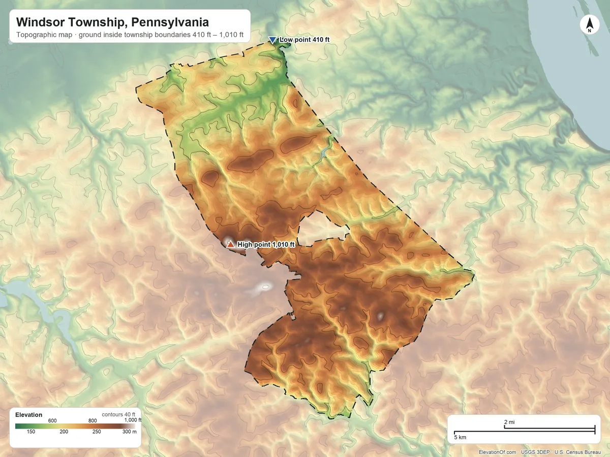 Topographic elevation map of Windsor Township, Pennsylvania, shaded from 410 ft on the north side to 1,010 ft on the southwest side