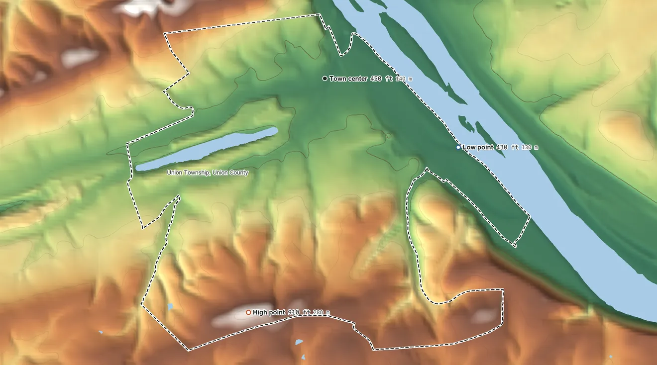 Topographic elevation map of Winfield, Pennsylvania, shaded from 430 ft on the southeast side to 910 ft on the south side
