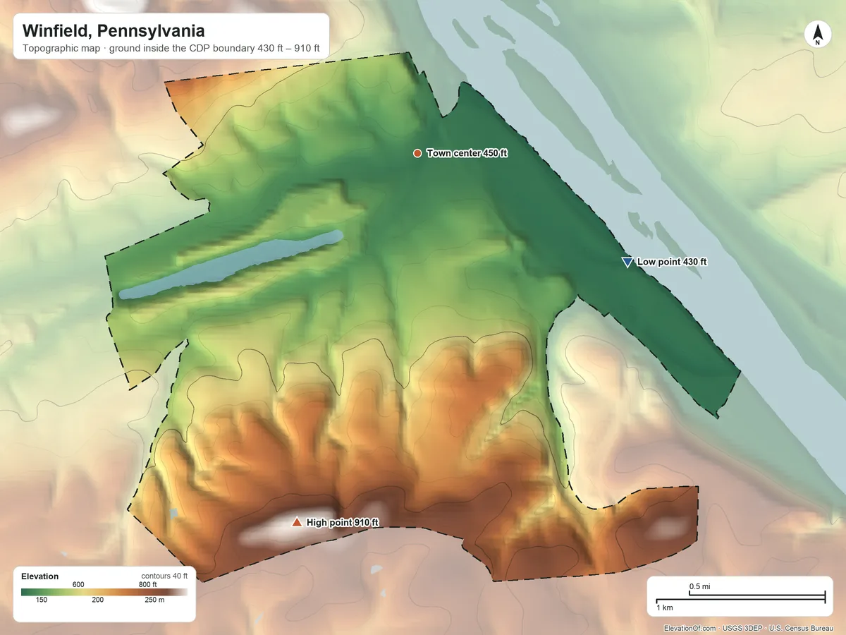 Topographic elevation map of Winfield, Pennsylvania, shaded from 430 ft on the southeast side to 910 ft on the south side