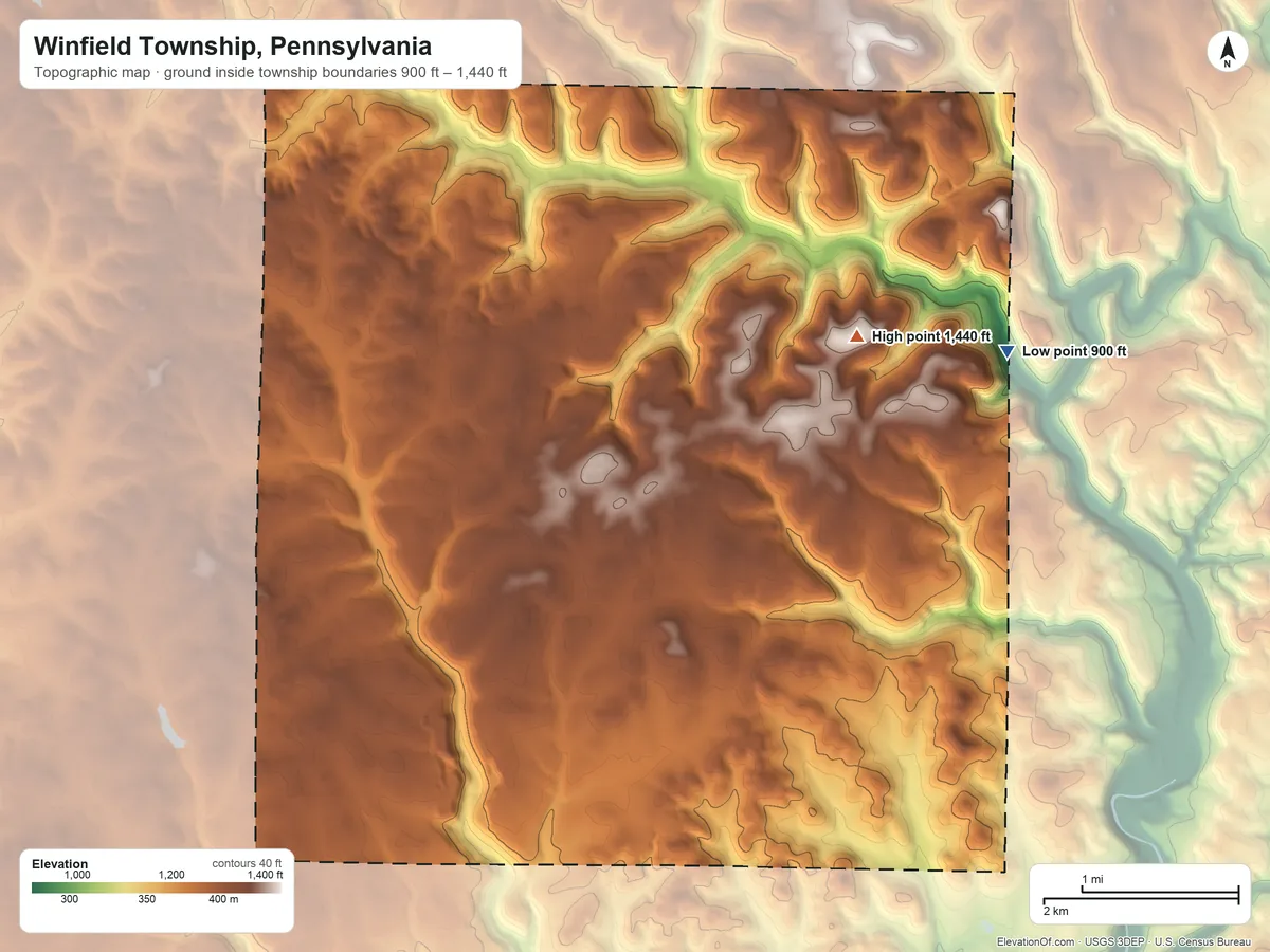 Topographic elevation map of Winfield Township, Pennsylvania, shaded from 900 ft on the northeast side to 1,440 ft on the northeast side