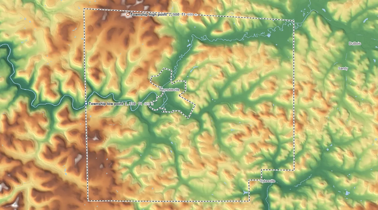 Topographic elevation map of Winslow Township, Pennsylvania, shaded from 1,330 ft on the west side to 1,980 ft on the northwest side