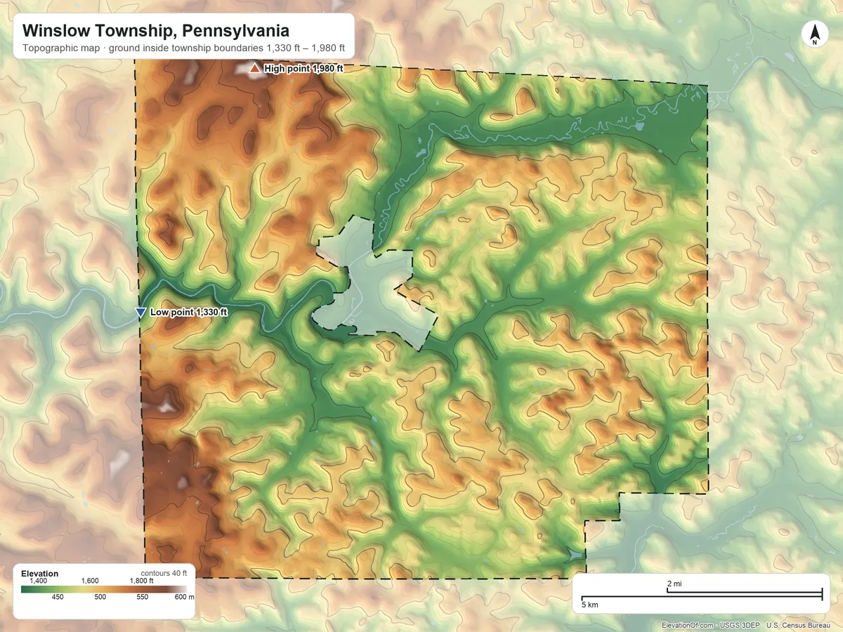 Topographic elevation map of Winslow Township, Pennsylvania, shaded from 1,330 ft on the west side to 1,980 ft on the northwest side