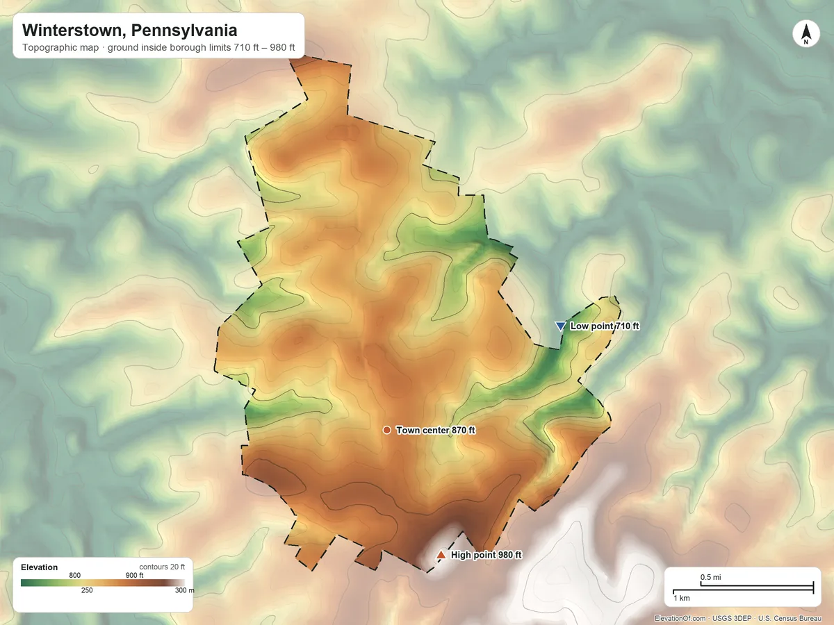 Topographic elevation map of Winterstown, Pennsylvania, shaded from 710 ft on the northeast side to 980 ft on the southeast side