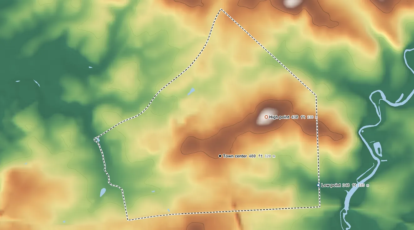 Topographic elevation map of Witmer, Pennsylvania, shaded from 340 ft on the east side to 430 ft on the northeast side