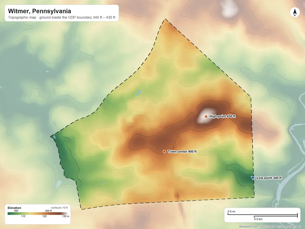 Topographic elevation map of Witmer, Pennsylvania, shaded from 340 ft on the east side to 430 ft on the northeast side