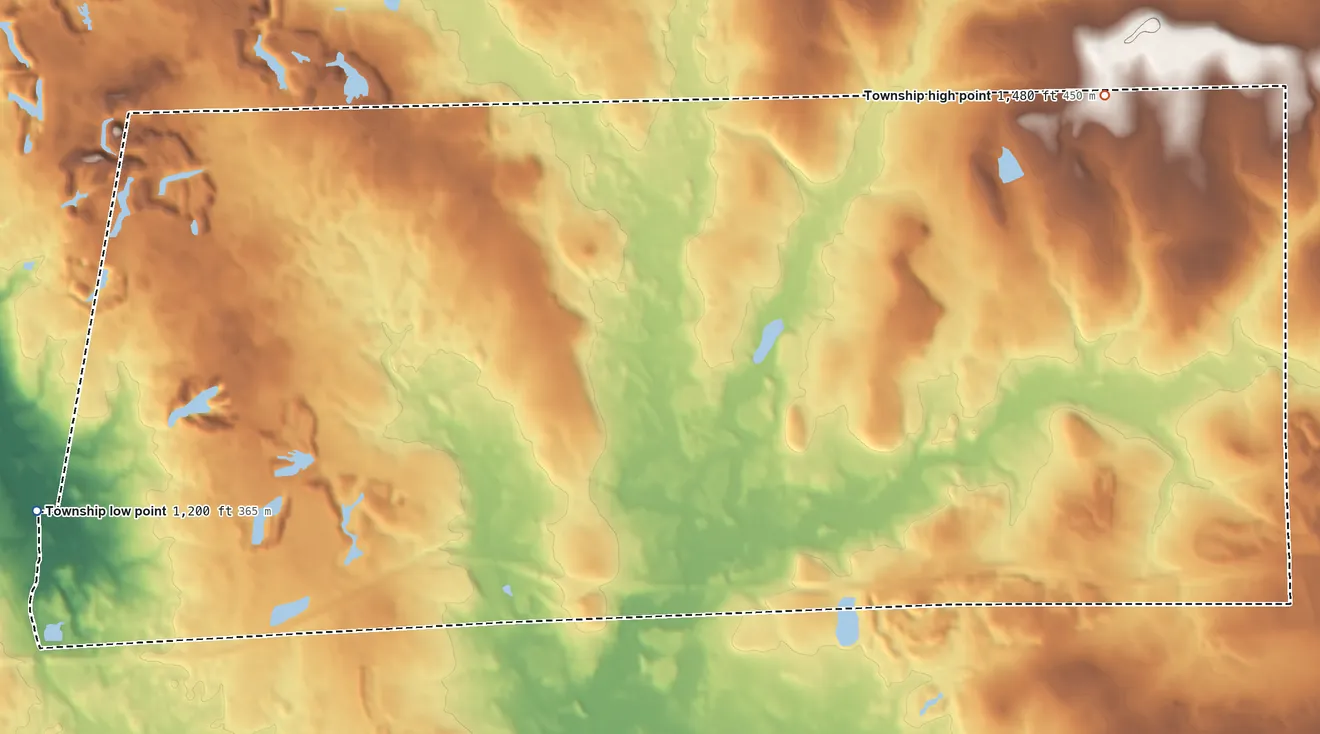 Topographic elevation map of Wolf Creek Township, Pennsylvania, shaded from 1,200 ft on the west side to 1,480 ft on the northeast side
