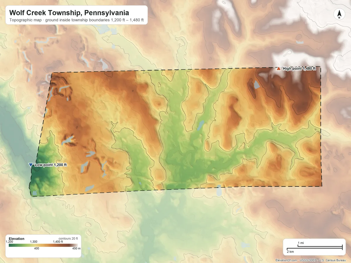 Topographic elevation map of Wolf Creek Township, Pennsylvania, shaded from 1,200 ft on the west side to 1,480 ft on the northeast side