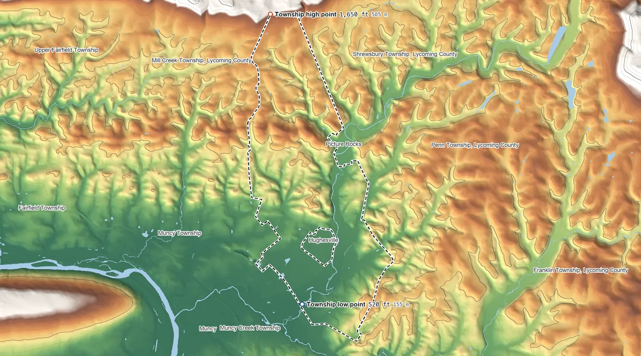 Topographic elevation map of Wolf Township, Pennsylvania, shaded from 520 ft on the south side to 1,650 ft at the foot of the Muncy Hills