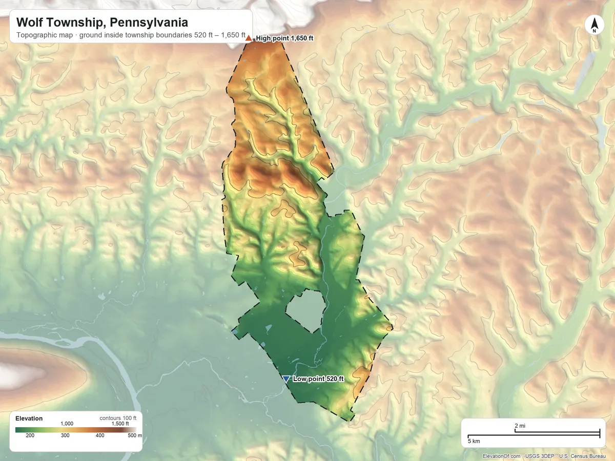 Topographic elevation map of Wolf Township, Pennsylvania, shaded from 520 ft on the south side to 1,650 ft at the foot of the Muncy Hills