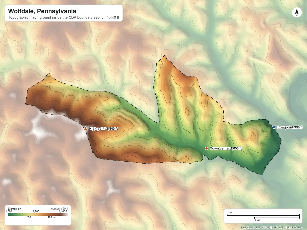 Topographic elevation map of Wolfdale, Pennsylvania, shaded from 990 ft on the east side to 1,440 ft on the west side