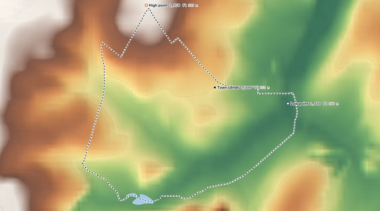 Topographic elevation map of Wood, Pennsylvania, shaded from 1,840 ft on the east side to 1,950 ft on the northwest side