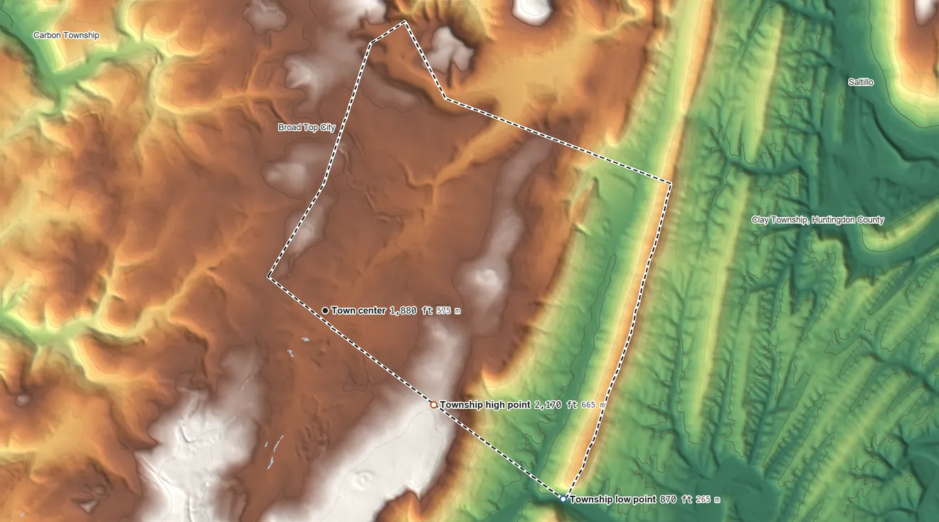 Topographic elevation map of Wood Township, Pennsylvania, shaded from 870 ft on the southeast side to 2,170 ft on the southeast side