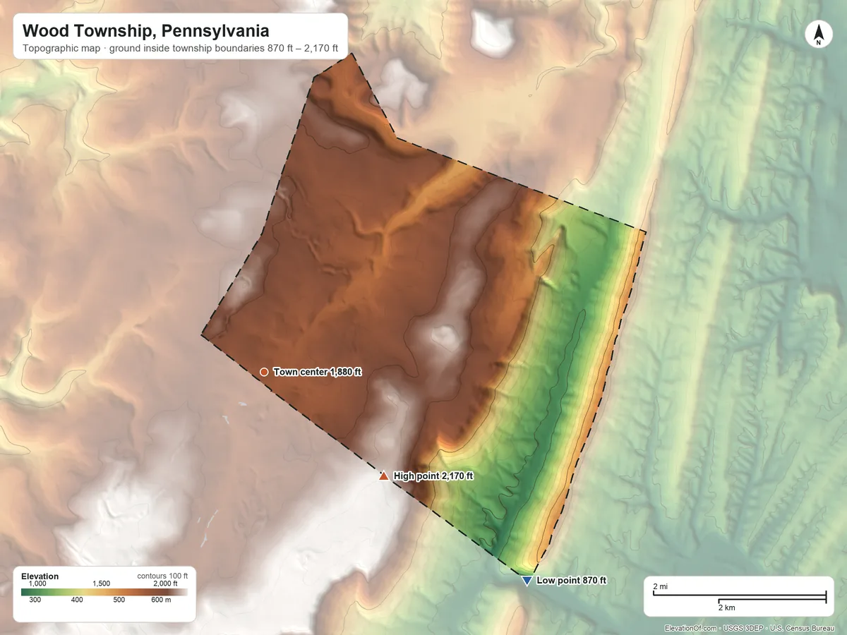 Topographic elevation map of Wood Township, Pennsylvania, shaded from 870 ft on the southeast side to 2,170 ft on the southeast side