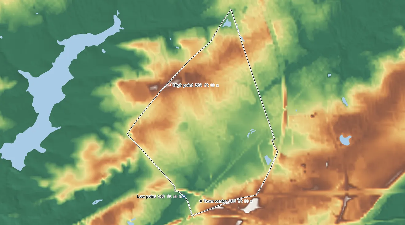 Topographic elevation map of Woodbourne, Pennsylvania, shaded from 140 ft near the middle to 200 ft on the north side