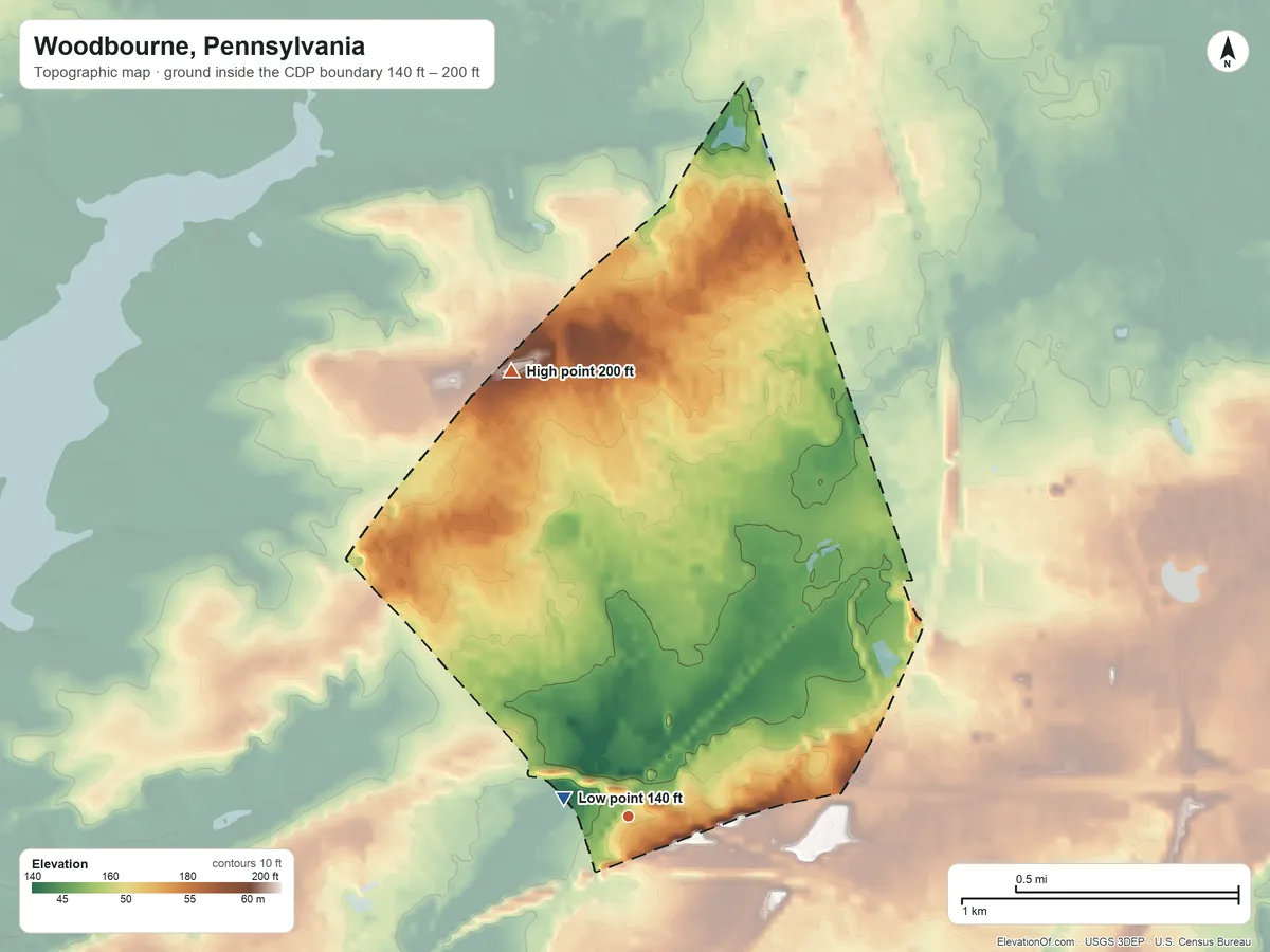 Topographic elevation map of Woodbourne, Pennsylvania, shaded from 140 ft near the middle to 200 ft on the north side