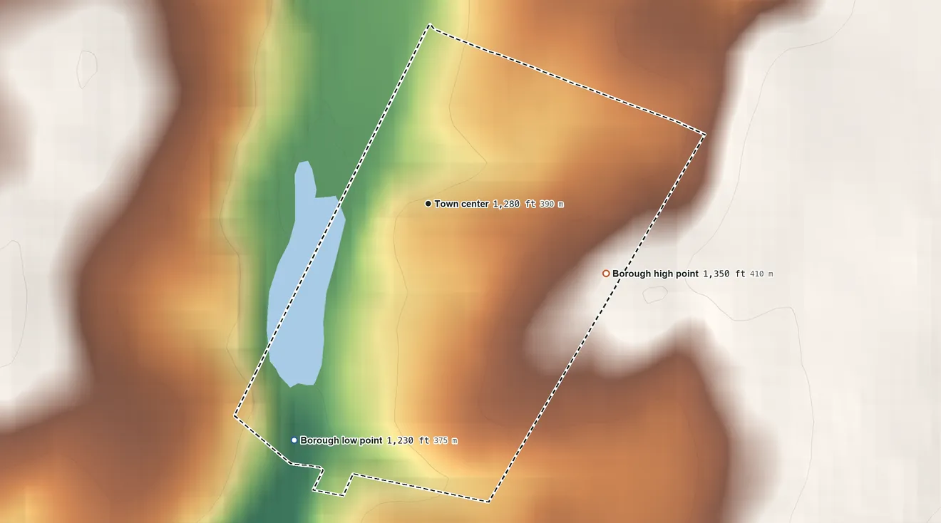 Topographic elevation map of Woodbury, Pennsylvania, shaded from 1,230 ft on the southwest side to 1,350 ft at the foot of the Tussey Mountain