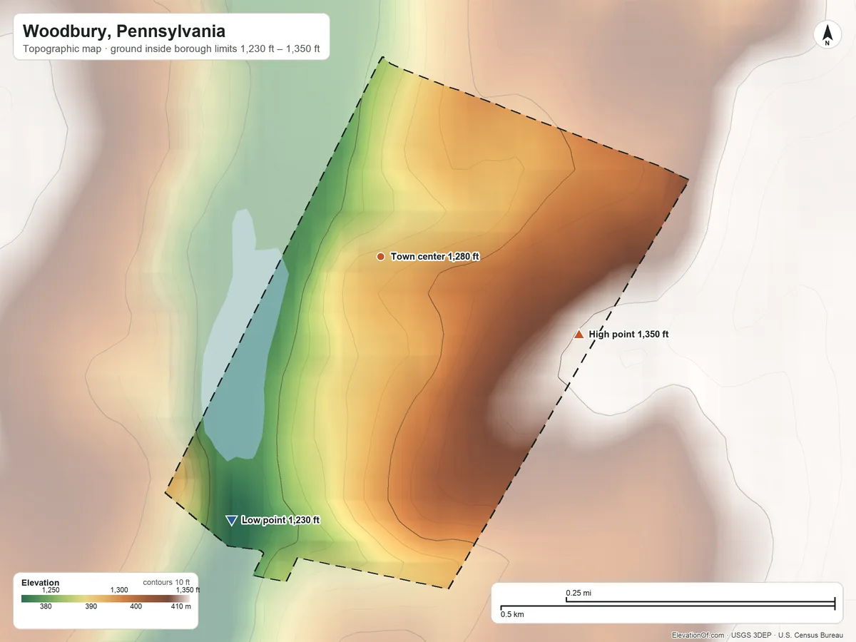 Topographic elevation map of Woodbury, Pennsylvania, shaded from 1,230 ft on the southwest side to 1,350 ft at the foot of the Tussey Mountain