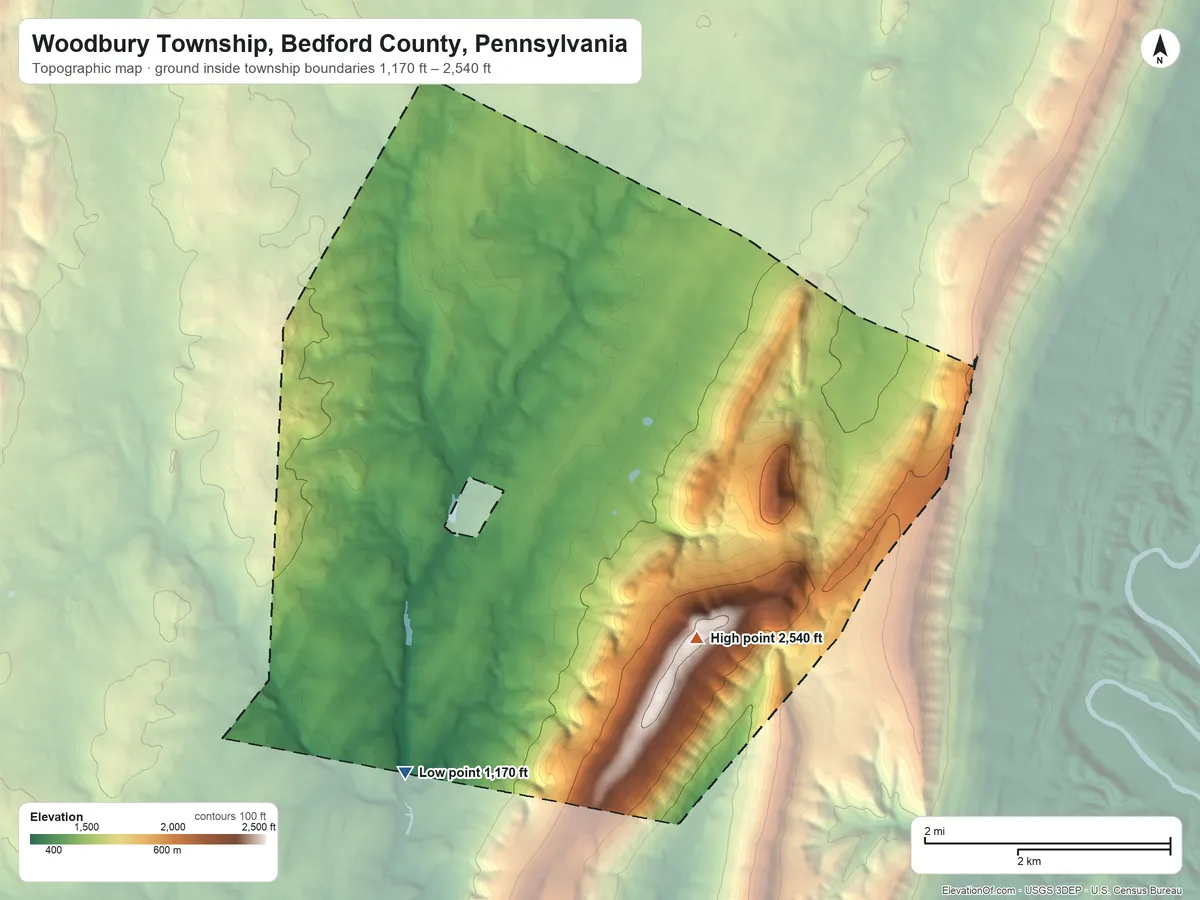 Topographic elevation map of Woodbury Township, Bedford County, Pennsylvania, shaded from 1,170 ft on the south side to 2,540 ft on the southeast side