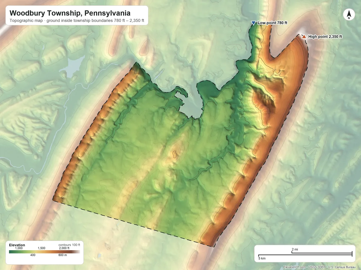 Topographic elevation map of Woodbury Township, Pennsylvania, shaded from 780 ft on the northeast side to 2,350 ft on the northeast side
