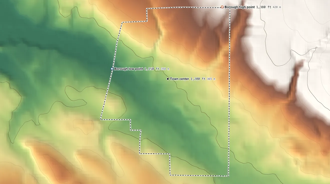 Topographic elevation map of Woodcock, Pennsylvania, shaded from 1,150 ft on the west side to 1,380 ft on the northeast side
