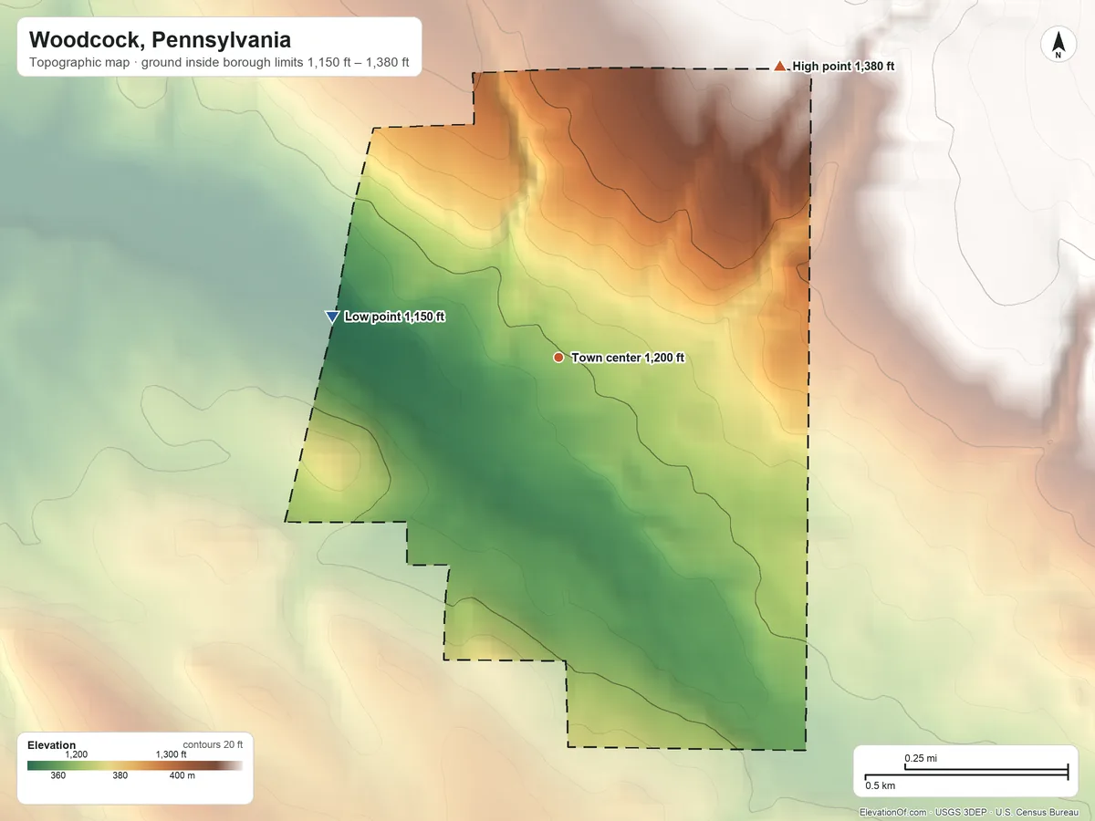 Topographic elevation map of Woodcock, Pennsylvania, shaded from 1,150 ft on the west side to 1,380 ft on the northeast side