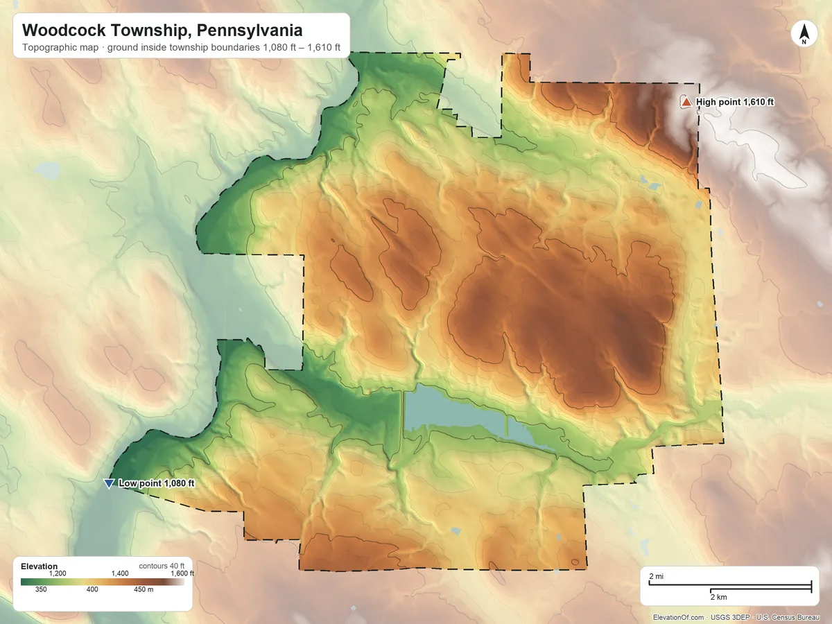 Topographic elevation map of Woodcock Township, Pennsylvania, shaded from 1,080 ft on the southwest side to 1,610 ft on the northeast side