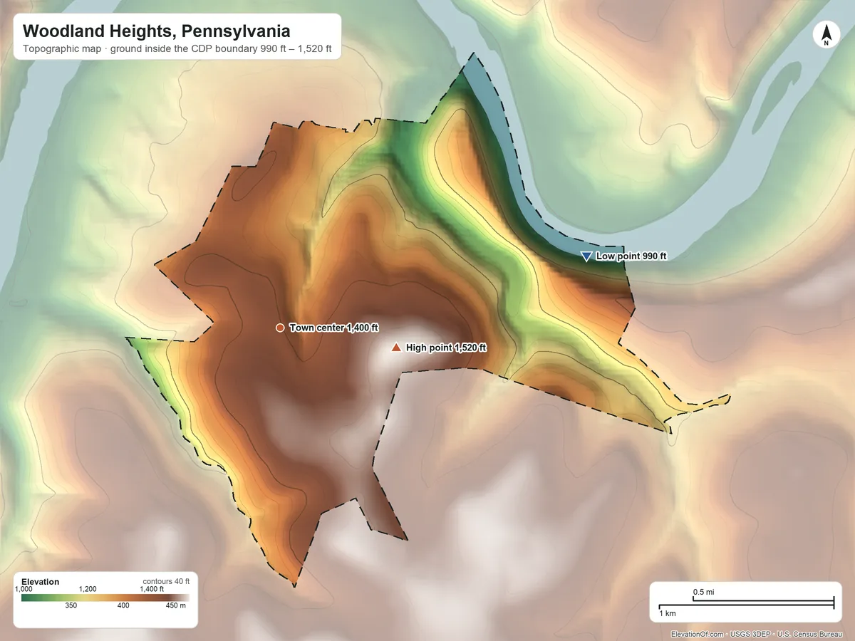 Topographic elevation map of Woodland Heights, Pennsylvania, shaded from 990 ft on the east side to 1,520 ft on the east side