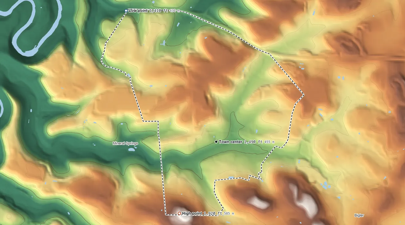 Topographic elevation map of Woodland, Pennsylvania, shaded from 1,410 ft on the northwest side to 1,920 ft on the southwest side