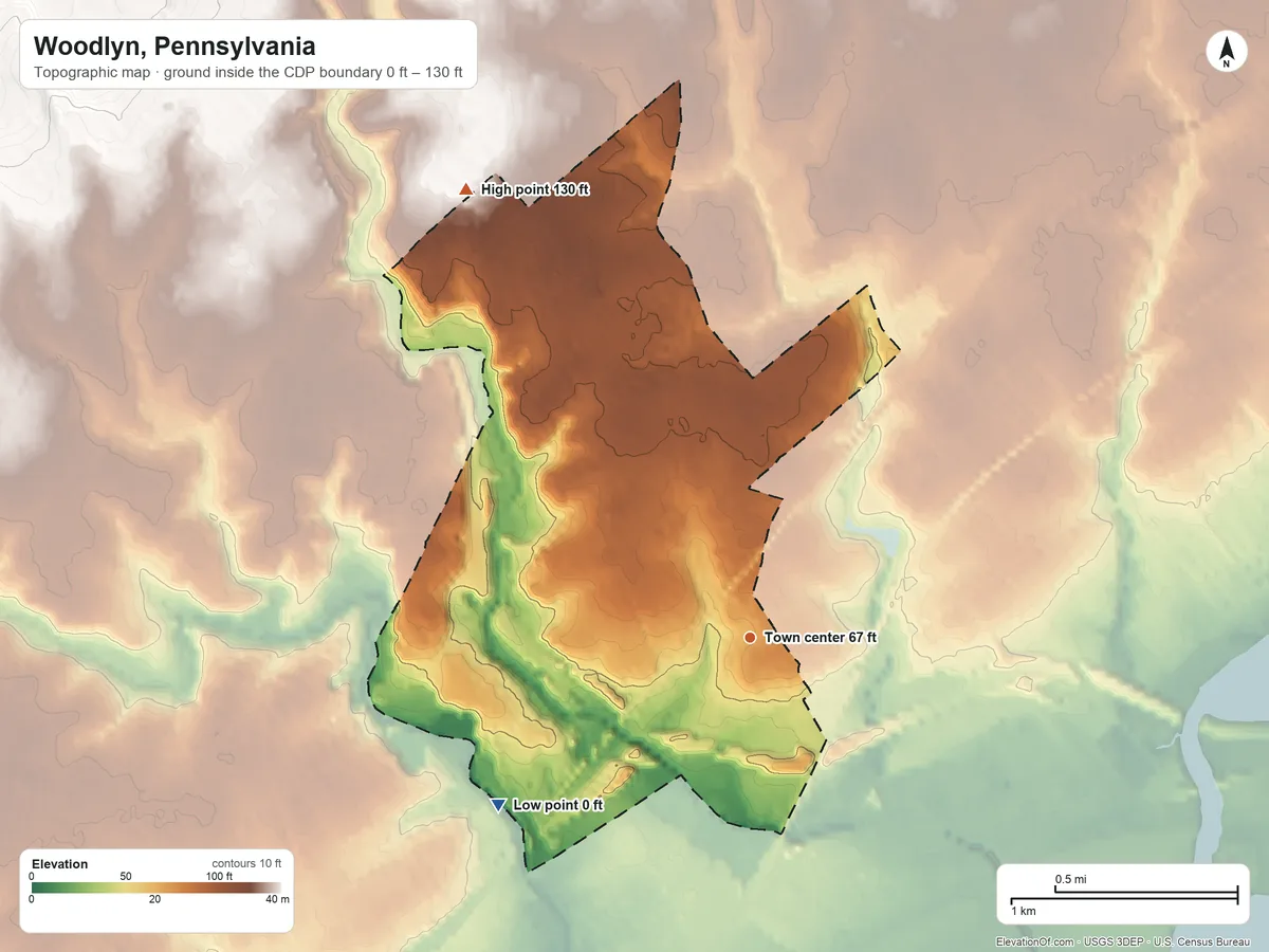 Topographic elevation map of Woodlyn, Pennsylvania, shaded from 0 ft on the southwest side to 130 ft on the northwest side