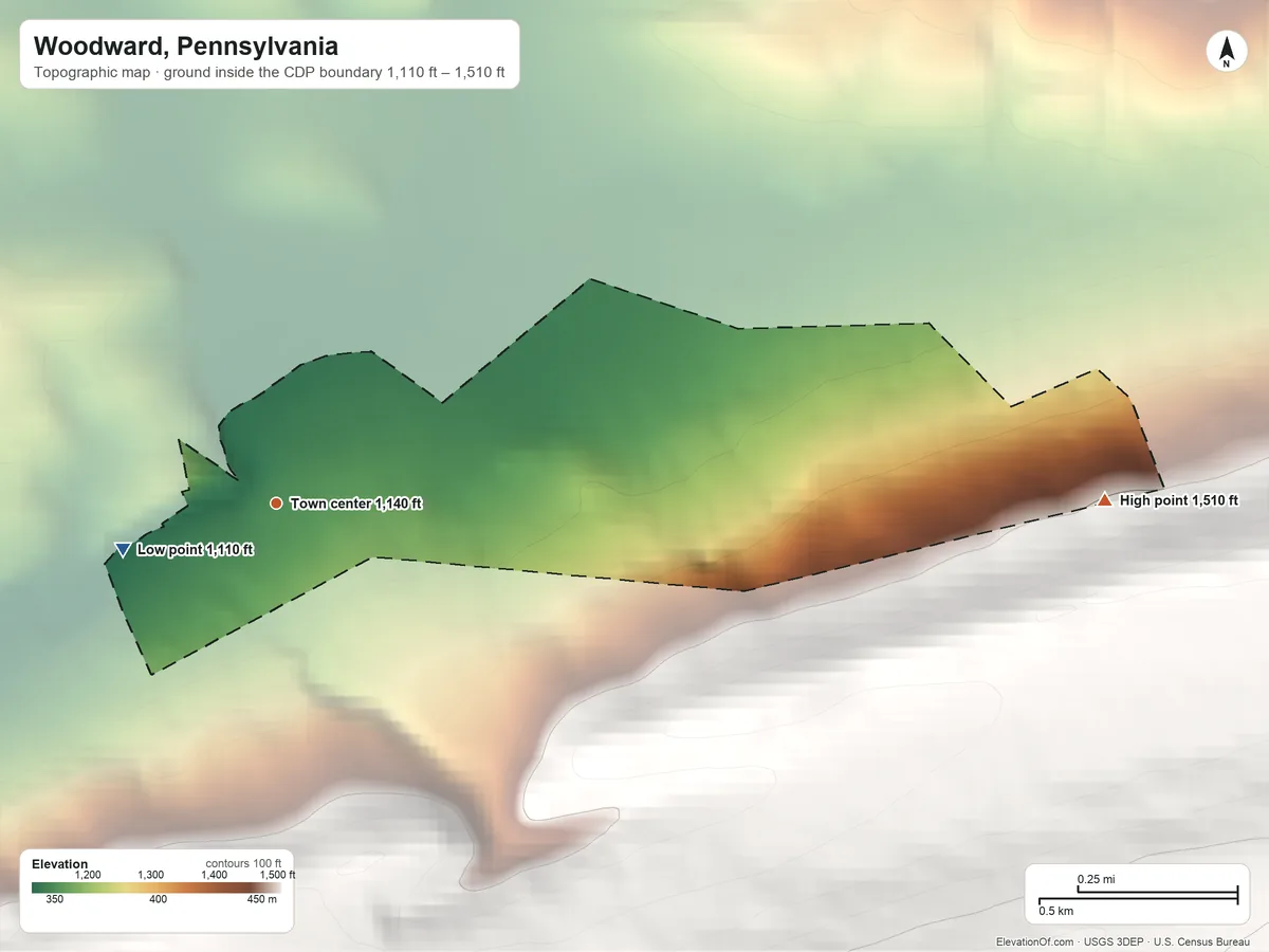 Topographic elevation map of Woodward, Pennsylvania, shaded from 1,110 ft on the west side to 1,510 ft on the east edge, below higher ground just outside